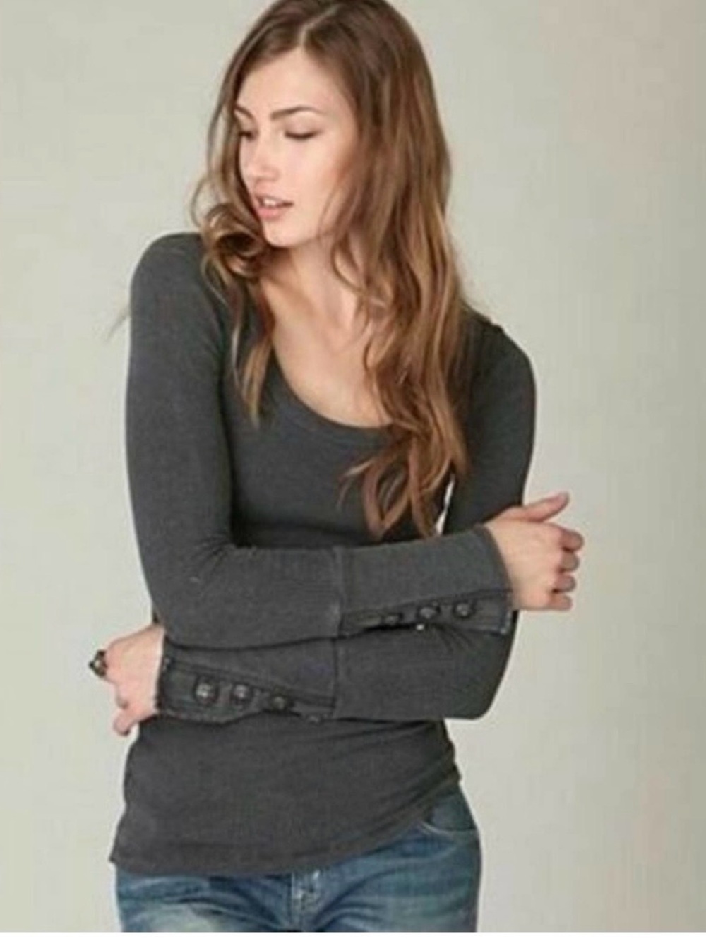 Rare vintage Free People Charcoal gray thermal Top button cuff sleeve XS